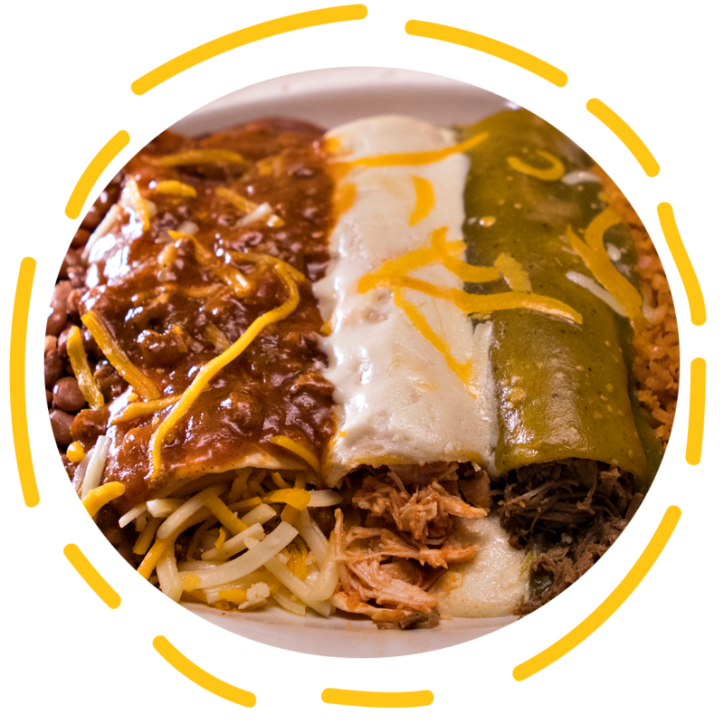 Ted's Catering featuring cheese enchilada with chili con carne, a chicken enchilada with crema sauce, and a shredded beef enchilada with tomatillo sauce