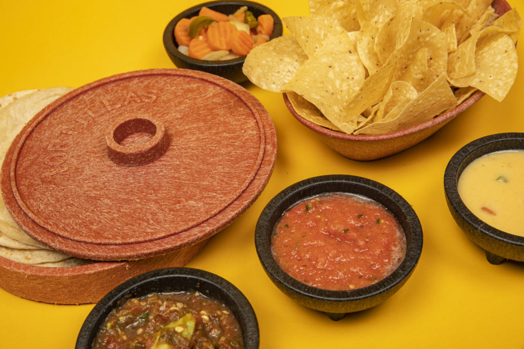 Ted's Famous Setup, including fresh-made salsa, cheese sauce, chips and handmade flour tortillas.